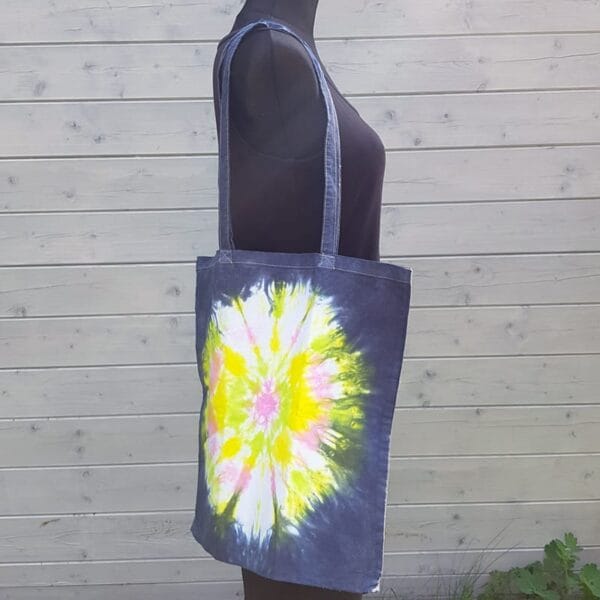 Tie dye tas - antraciet wit roze geel lime