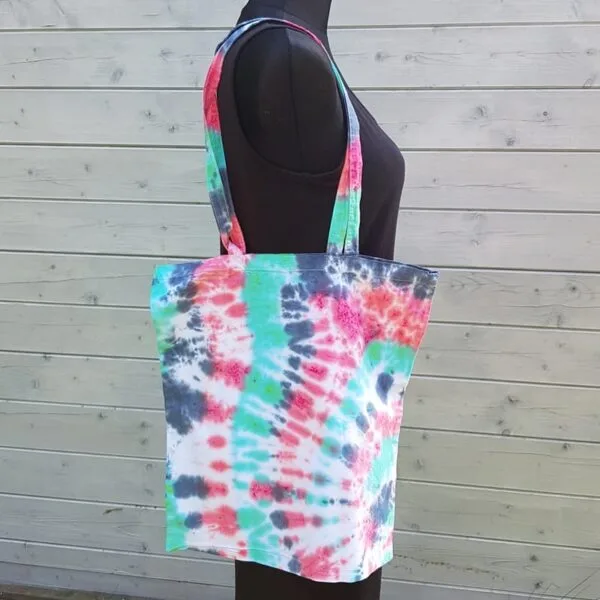 Tie dye tas - grijs wit groen koraalrood